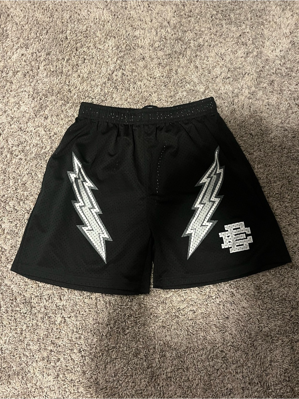 Eric Emanuel Black Mesh Athletic Shorts with Silver Lightning